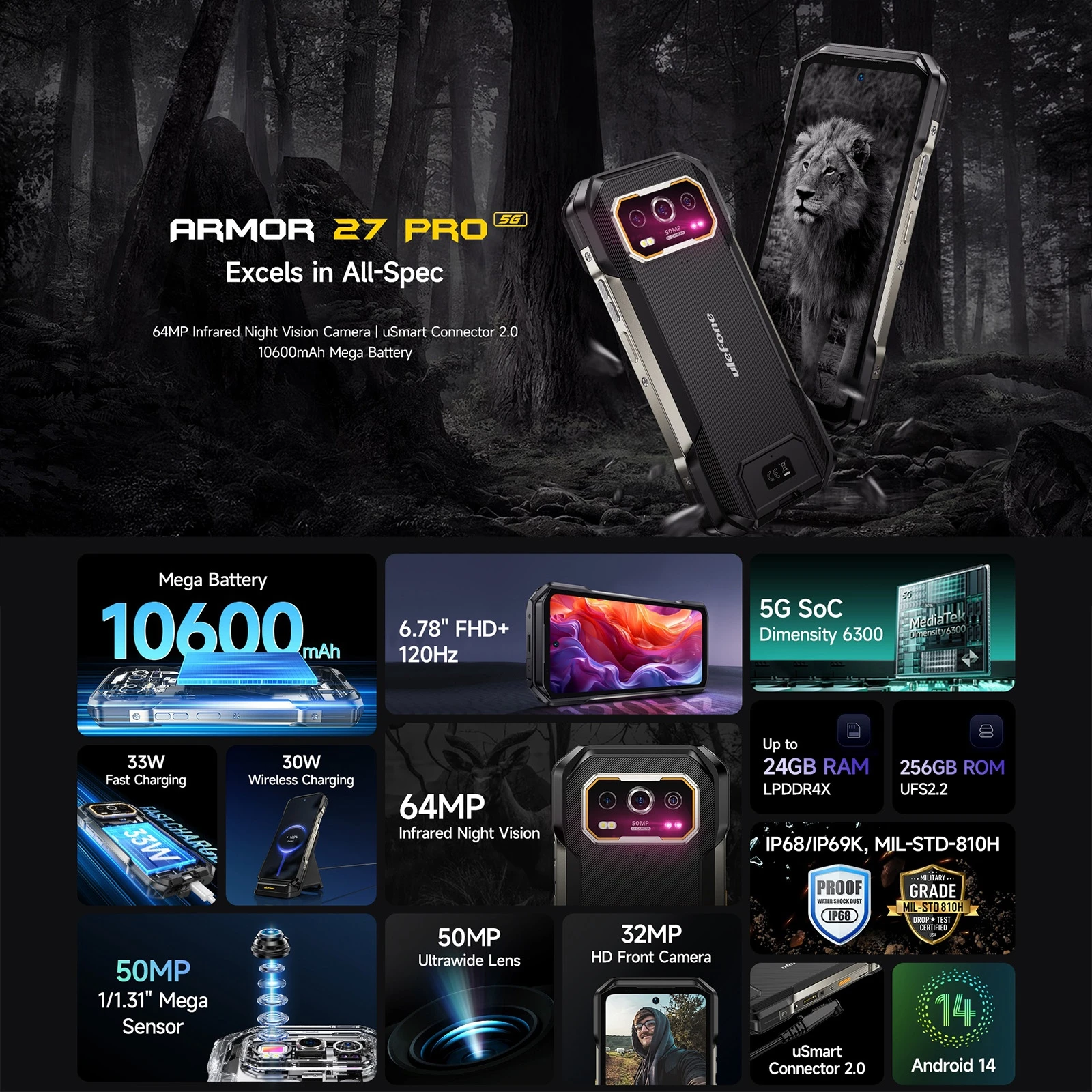 Ulefone Armor 27 Pro 24GB+256GB 10600mAh Smartphone 50MP Camera 64MP Night 6.78'' Android 14 NFC 5G Rugged Phone