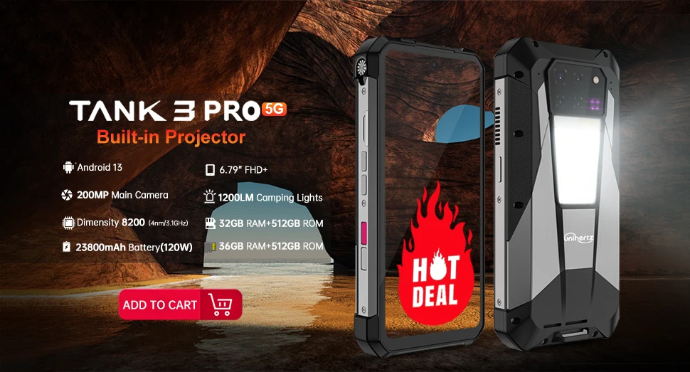 Unihertz Tank 3 Pro 8849 Rugged 5G Phone with 100 Lumens Projector Android 14 32GB 512GB 23800mAh Waterproof Phone WIFI 6 NFC