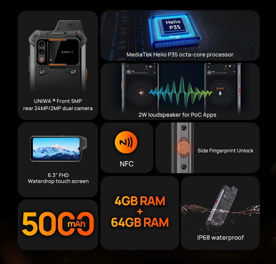 UNIWA W888 IP68 Waterproof Rugged Smartphone POC Walkie Talkie 4GB 64GB With Loud Speaker NFC Android Mobile Phone For Outdoor