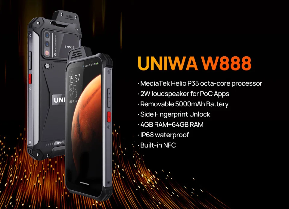UNIWA W888 IP68 Waterproof Rugged Smartphone POC Walkie Talkie 4GB 64GB With Loud Speaker NFC Android Mobile Phone For Outdoor