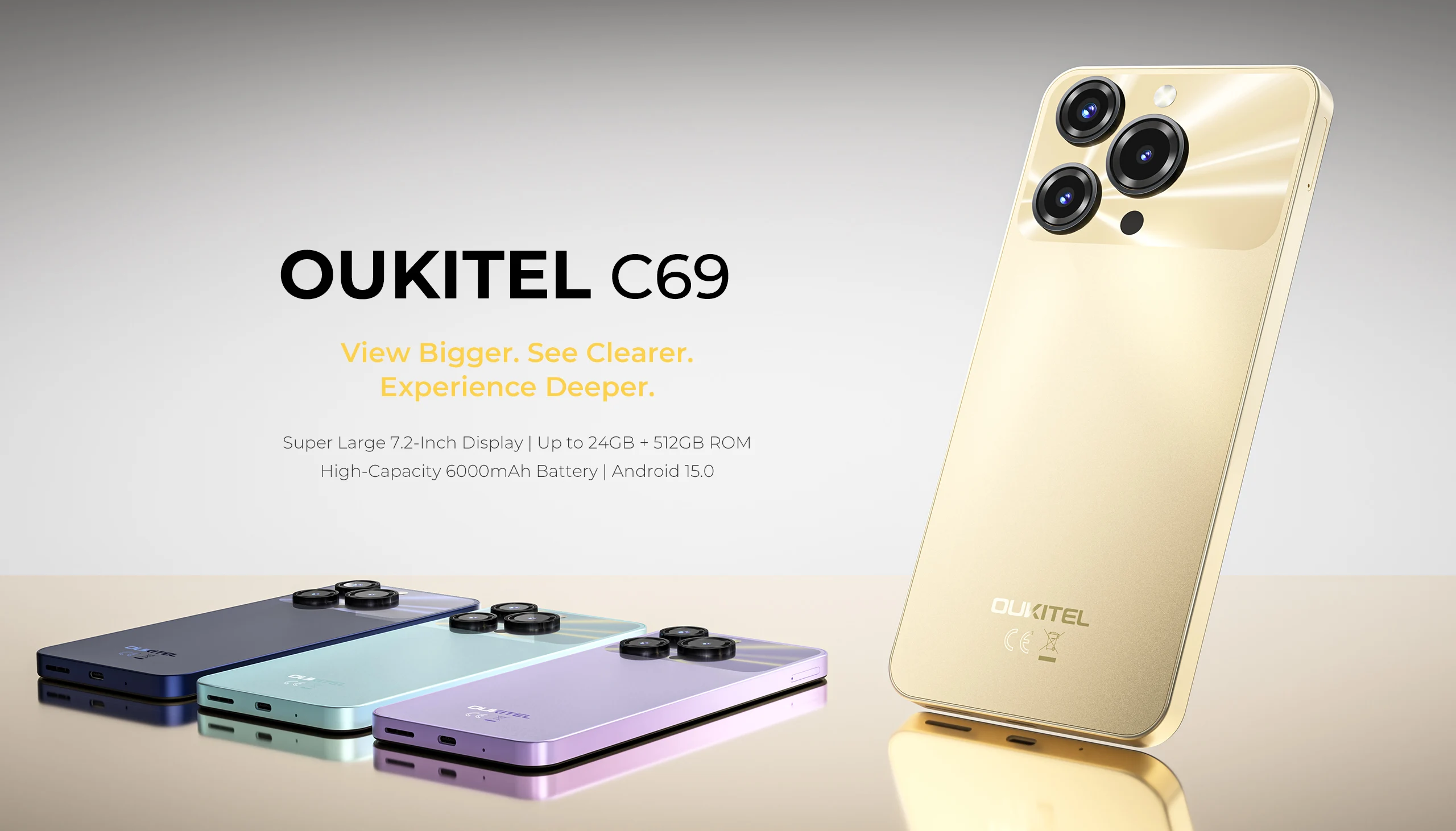 OUKITEL C69 Smartphone 7.2" 120Hz Display 24GB RAM 256GB ROM Android 15 6000mAh Battery 64MP Camera Unisoc T615 Unlocked Mobile