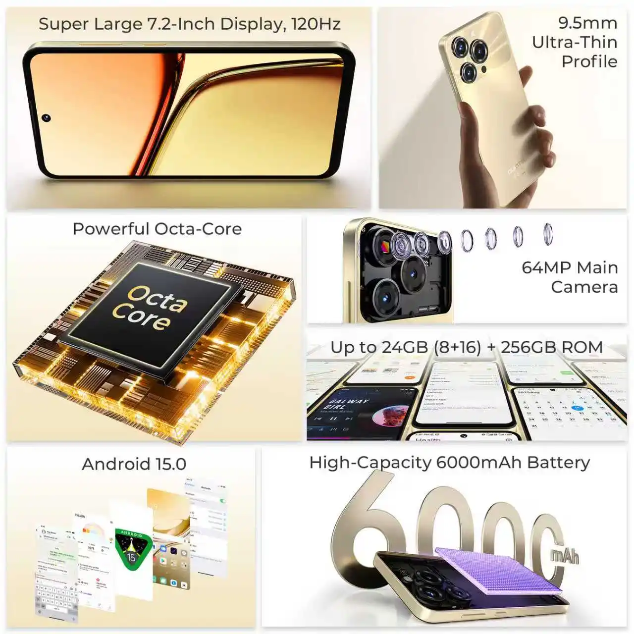 OUKITEL C69 Smartphone 7.2" 120Hz Display 24GB RAM 256GB ROM Android 15 6000mAh Battery 64MP Camera Unisoc T615 Unlocked Mobile