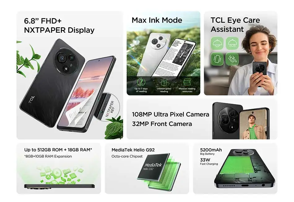 TCL 60 NXTPAPER 4G Mobile Phone 8+256GB 6.8 Inch Paper-Like Anti-Glare Screen 108MP Ultra Pixel Camera 5200mAh Battery NFC Googl