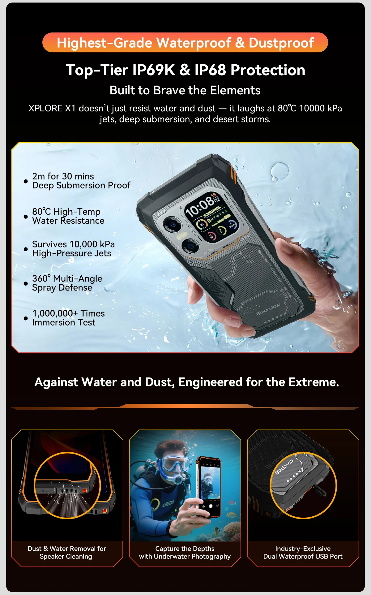 Blackview XPLORE X1 Rugged SmartPhone, 6.78" 2.4K 120Hz Display, Dimensity 7050,10000mAh Battery 55W Charging,108MP+50MP Camera