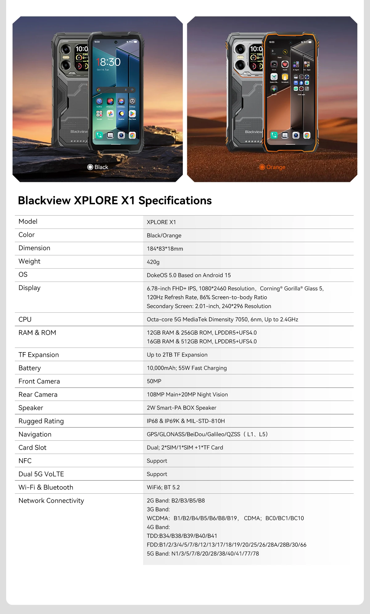 Blackview XPLORE X1 Rugged SmartPhone, 6.78" 2.4K 120Hz Display, Dimensity 7050,10000mAh Battery 55W Charging,108MP+50MP Camera