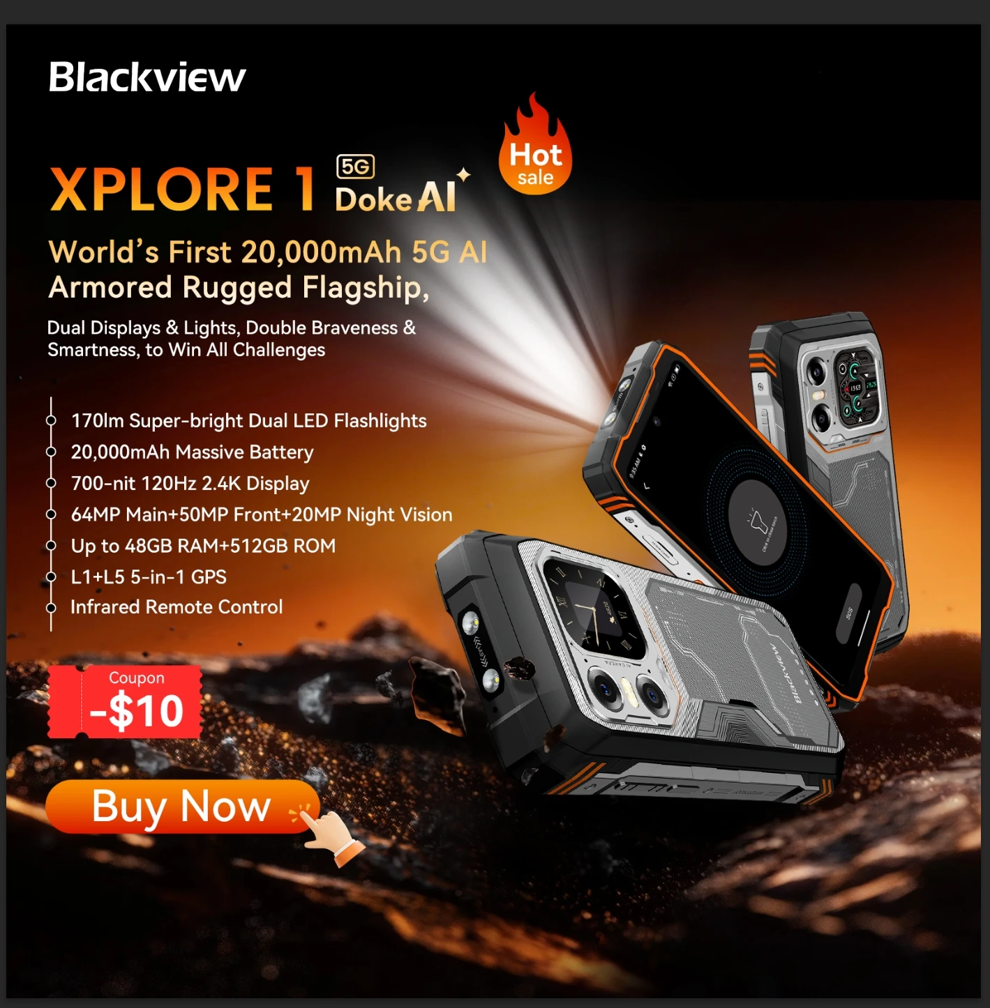 Blackview XPLORE X1 Rugged SmartPhone, 6.78" 2.4K 120Hz Display, Dimensity 7050,10000mAh Battery 55W Charging,108MP+50MP Camera