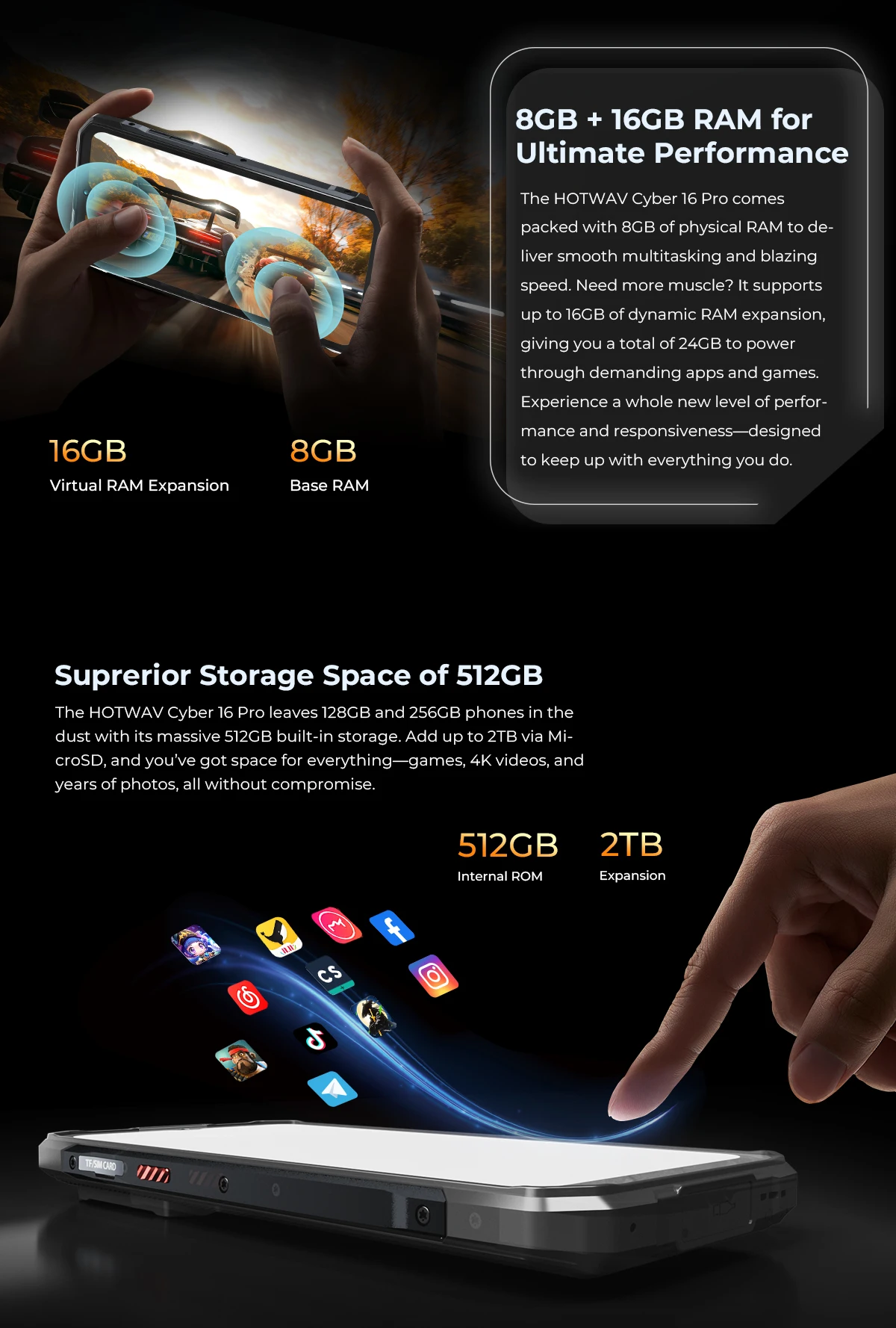 HOTWAV Cyber 16 Pro Rugged Phone G100 108MP Mobile Phone 6.6'' FHD+ 2K Display 8GB 512GB Smartphone Android 15 Cellphone