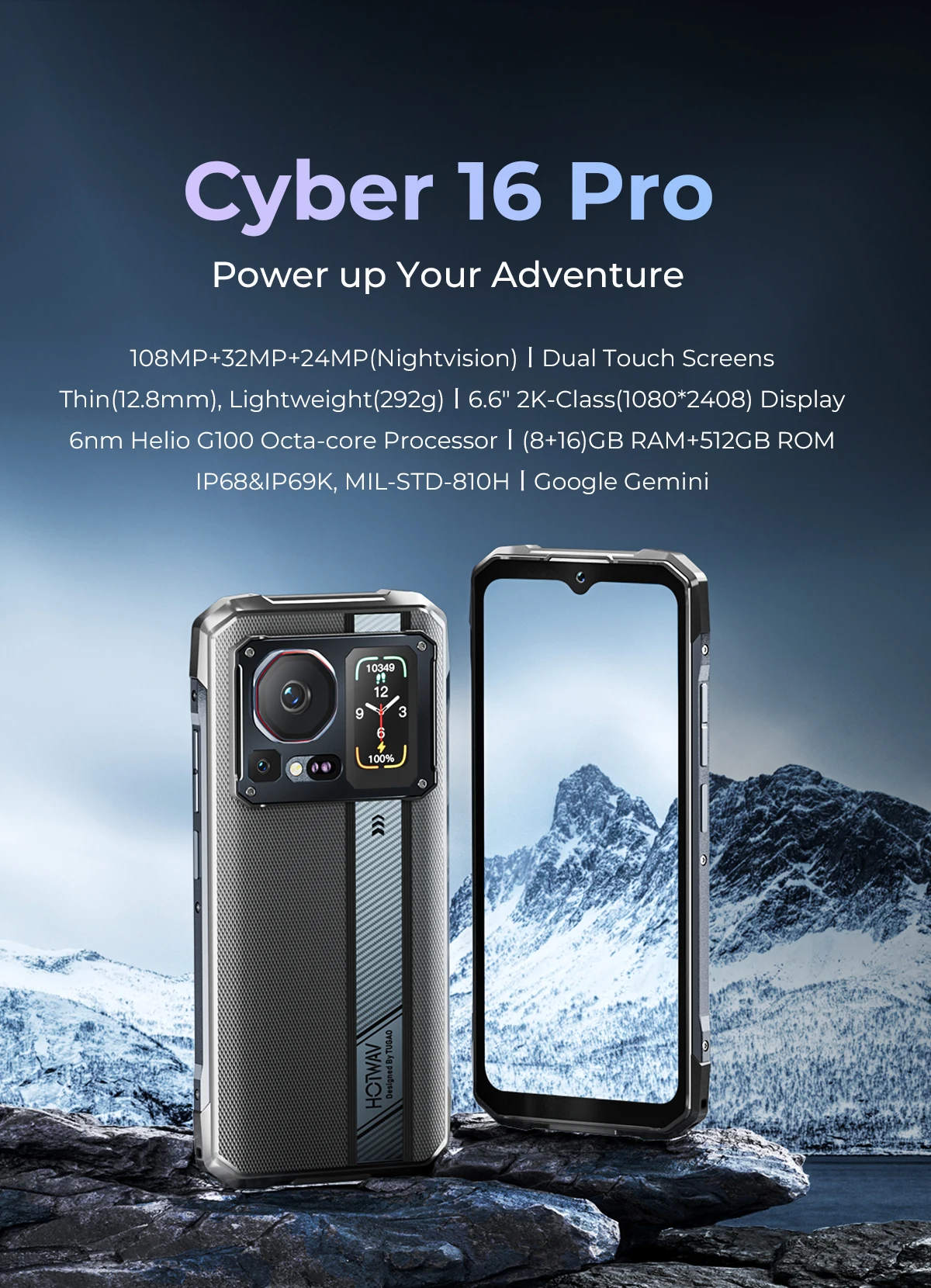 HOTWAV Cyber 16 Pro Rugged Phone G100 108MP Mobile Phone 6.6'' FHD+ 2K Display 8GB 512GB Smartphone Android 15 Cellphone