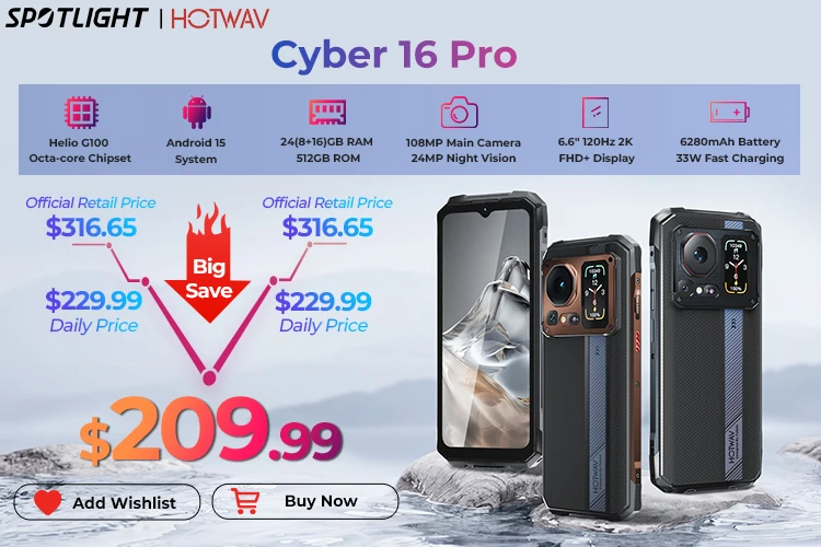 HOTWAV Cyber 16 Pro Rugged Phone G100 108MP Mobile Phone 6.6'' FHD+ 2K Display 8GB 512GB Smartphone Android 15 Cellphone