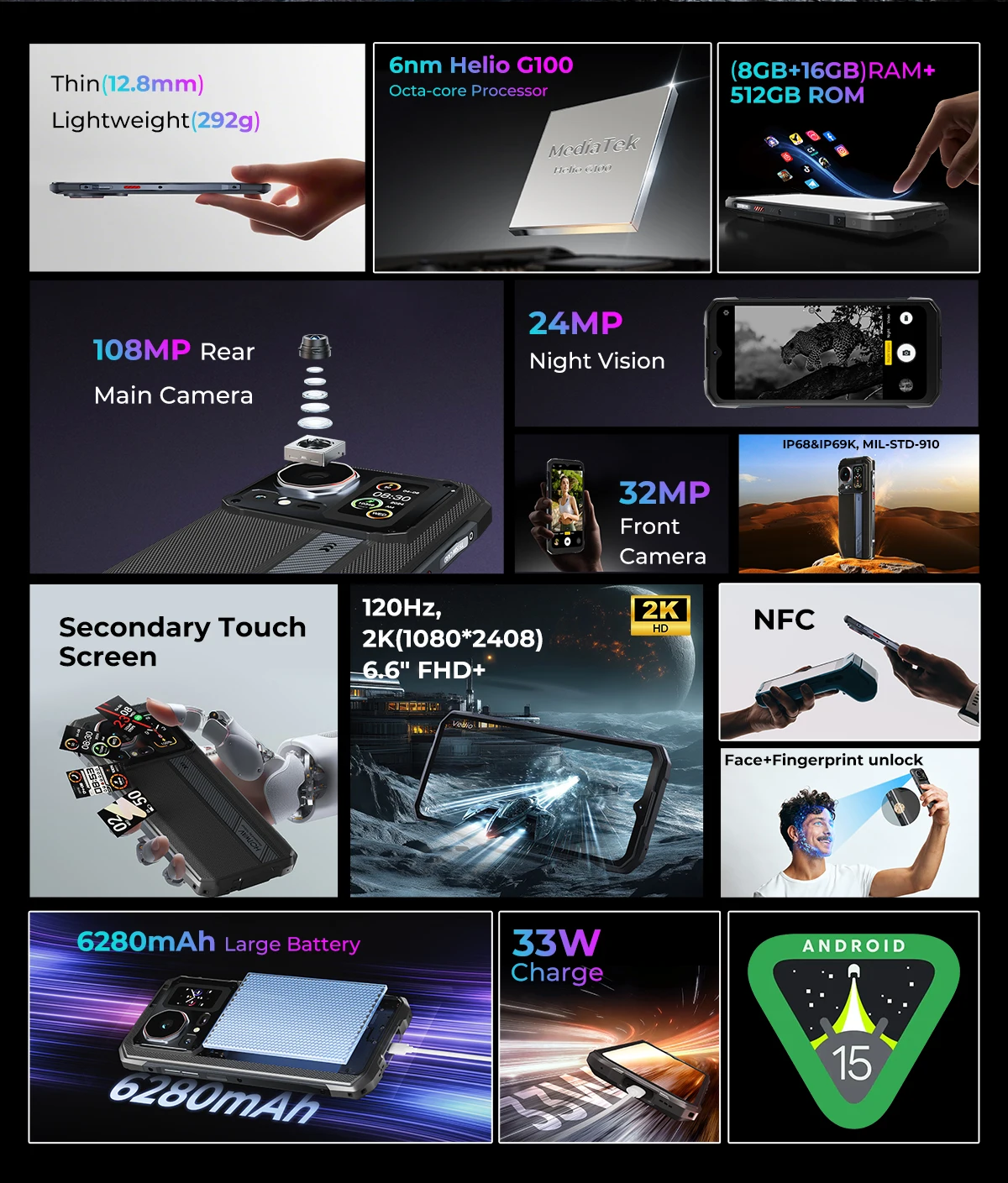 HOTWAV Cyber 16 Pro Rugged Phone G100 108MP Mobile Phone 6.6'' FHD+ 2K Display 8GB 512GB Smartphone Android 15 Cellphone