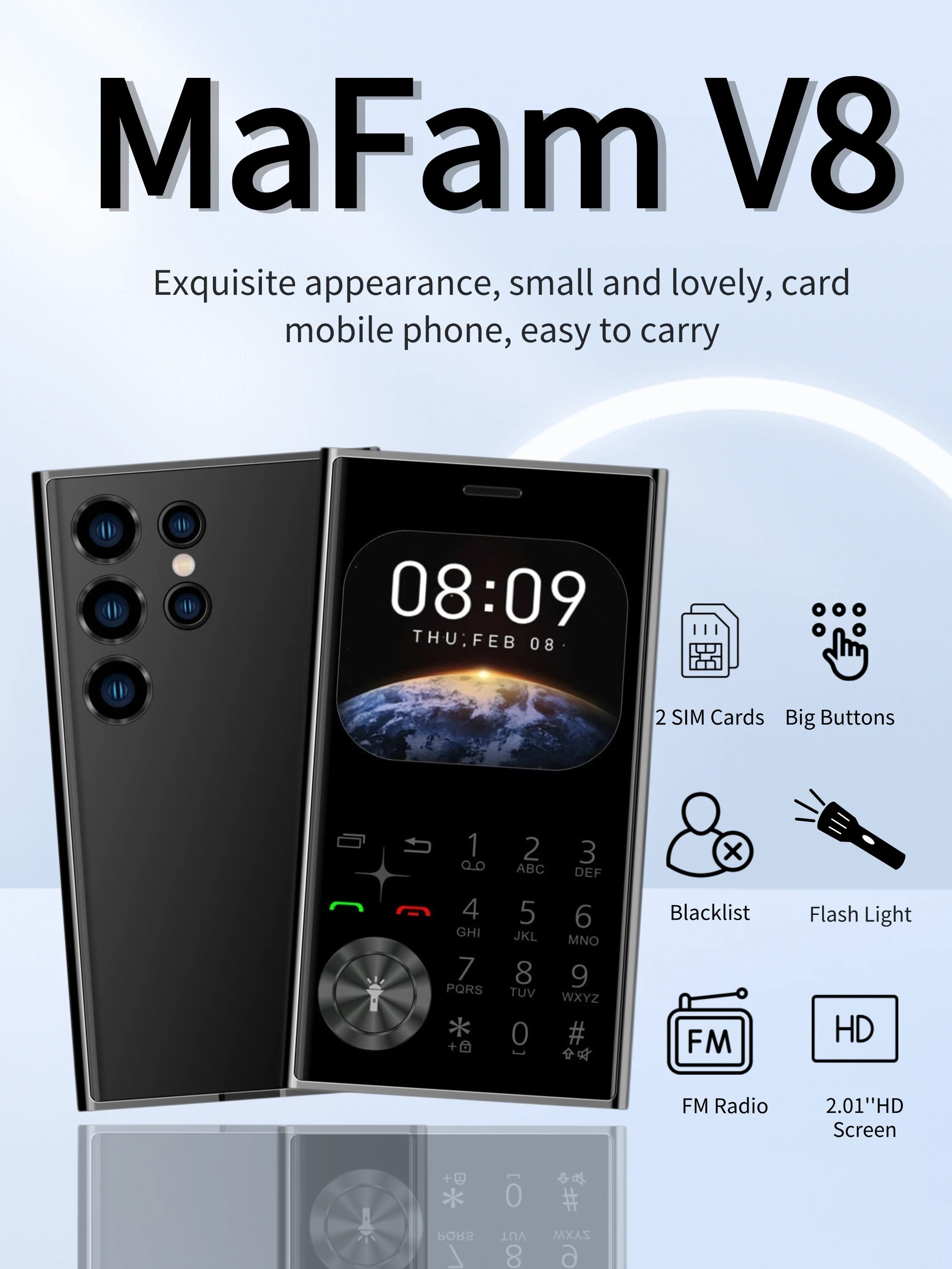 Credit Card Size Mini Phone Unlocked Dual SIM Ultra Thin 2.0" Display Pocket Cellphone Voice Changer Speed Dial Flashlight