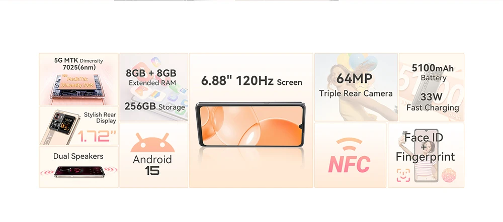 [Shipping From France] Cubot X100 Android 15 5G Smartphone 6.88" 120Hz 16GB(8+8) RAM 256GB ROM 64MP 5100mAh 33W NFC Mobile Phone
