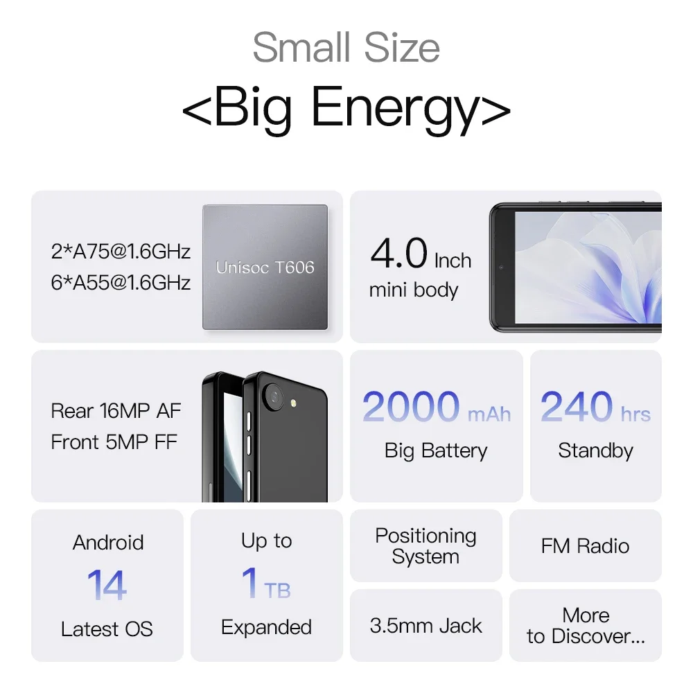 UNIWA Phonemax Q9 Mini Unisoc T606 4G Smartphone 4 Inch QHD 4GB RAM 64GB ROM Mobile Phone Android 14 2000mAh Small Phone Face ID