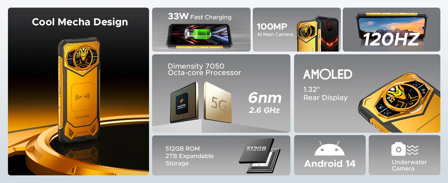 DOOGEE S200 X 5G Rugged Phone 32GB+512GB 6.72" FHD+ 120Hz Display Dimensity 7050 10100mAh Battery 100MP Camera NFC Smartphone