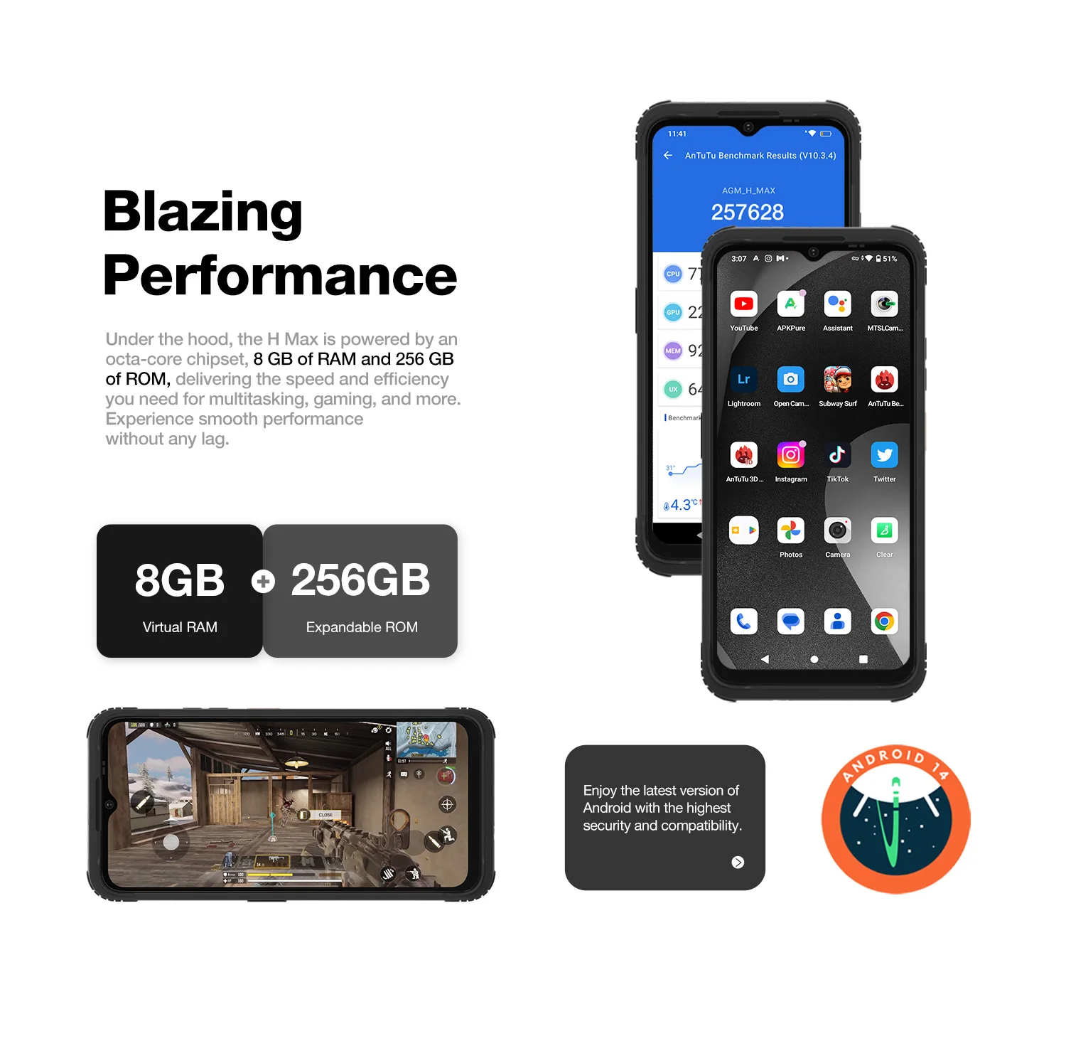 AGM H MAX Rugged Smartphone 8+256GB 10000mAh Battery HD+ Display 3 Card Slot NFC OTG Reverse Charge Waterproof Smartphone
