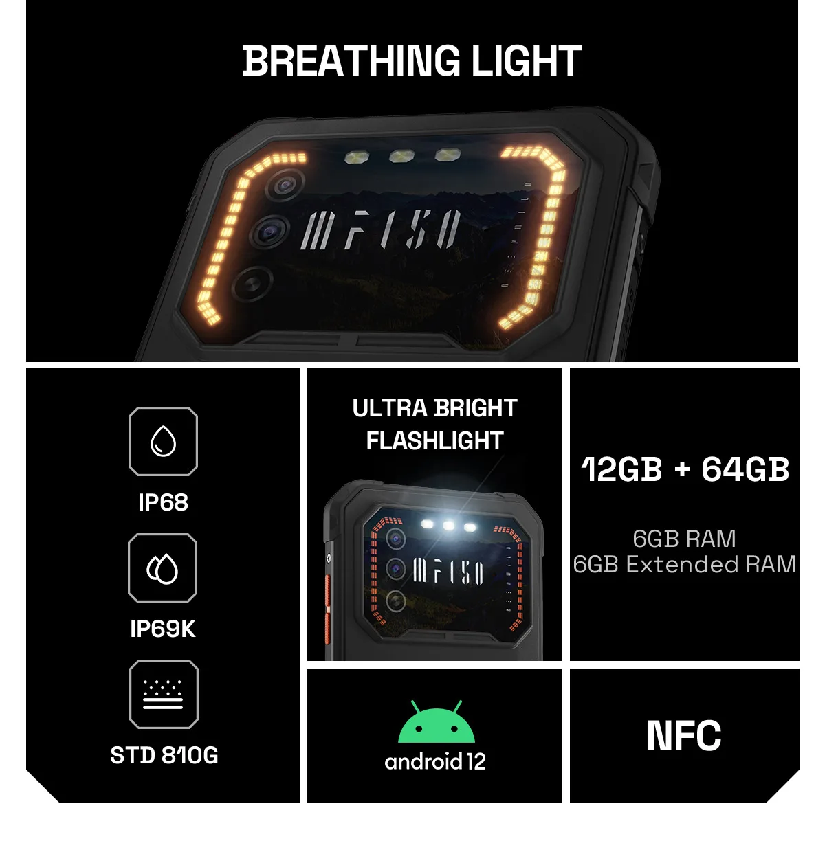 IIIF150 Air1 Smartphone 6.5" FHD+ Display 12GB+64GB NFC 5000mAh IP68 IP69K STD-810G 11.35mm Ultra-Thin Rugged Phone