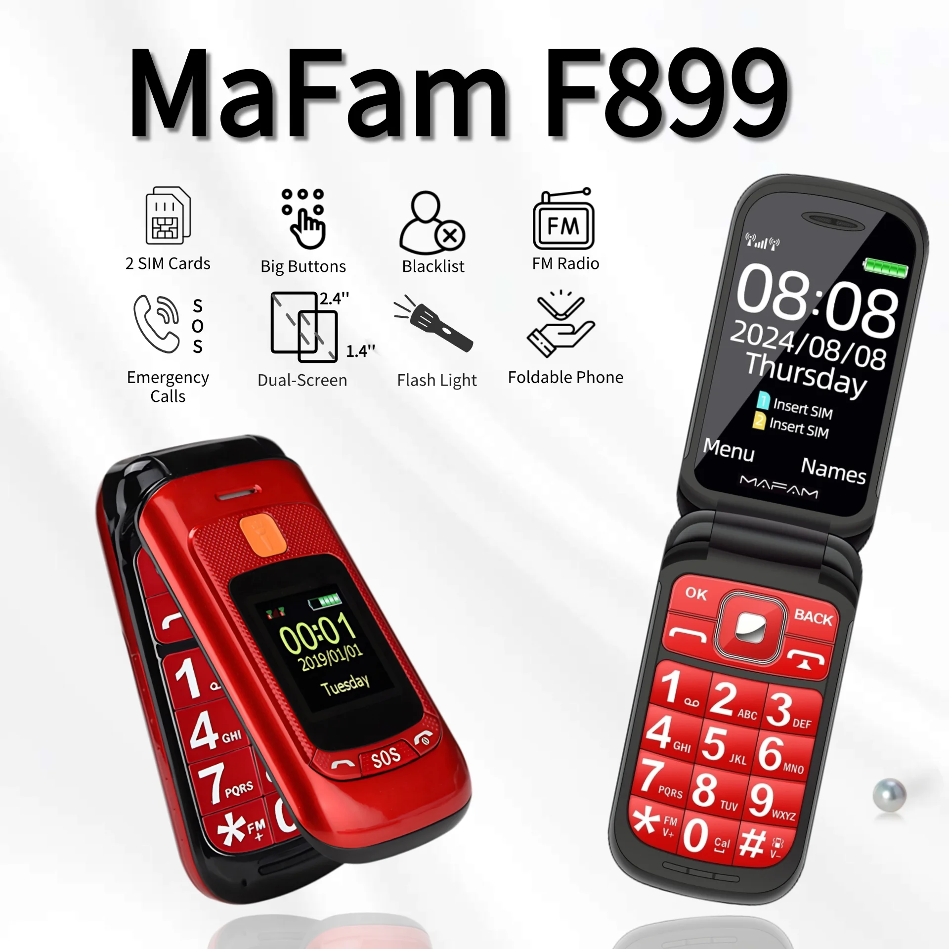 Mafam F899 Senior Flip Dual Display Feature Phone SOS 2Sim Big Button Dial Torch Clamshell Mobile Retro Style Durable Phone