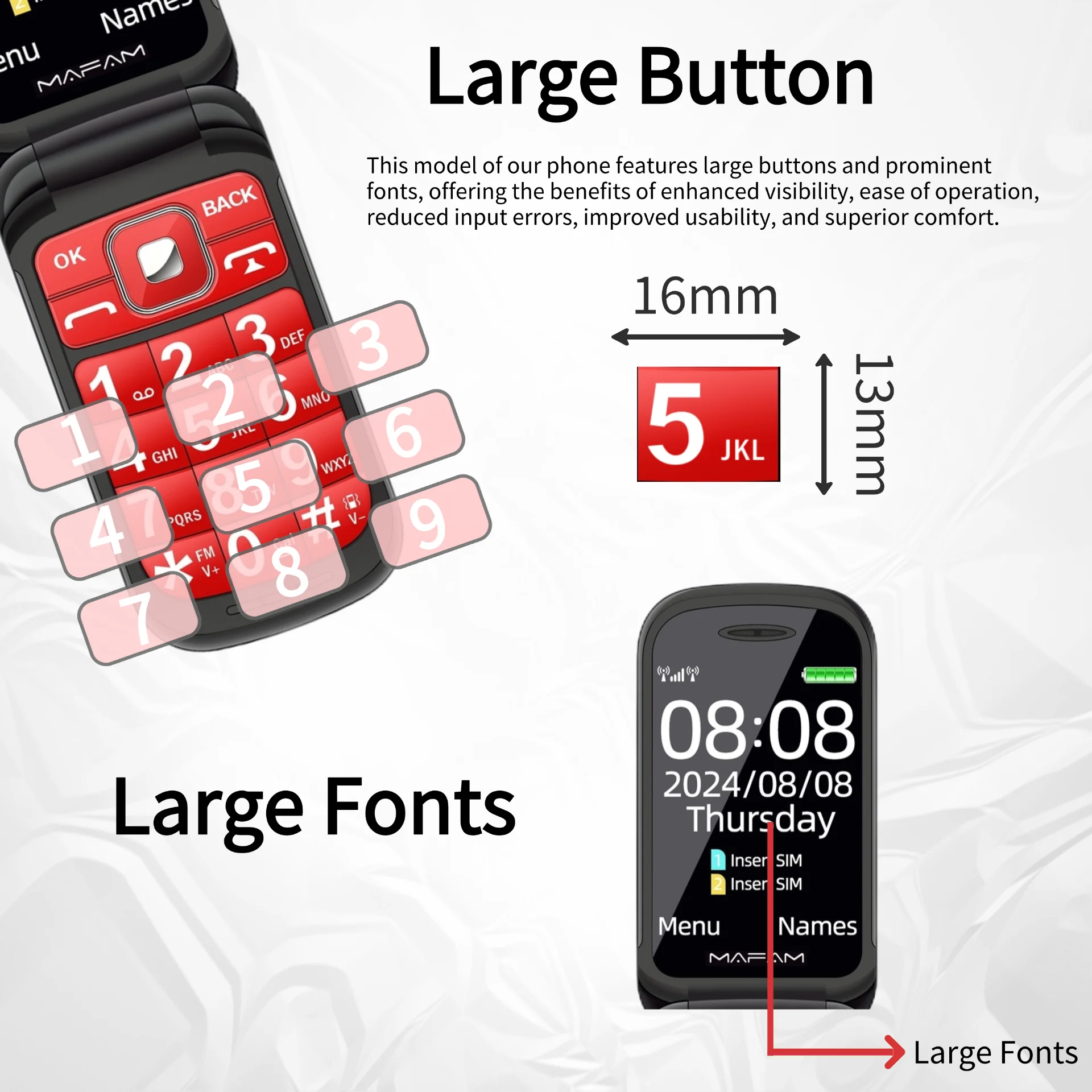 Mafam F899 Senior Flip Dual Display Feature Phone SOS 2Sim Big Button Dial Torch Clamshell Mobile Retro Style Durable Phone