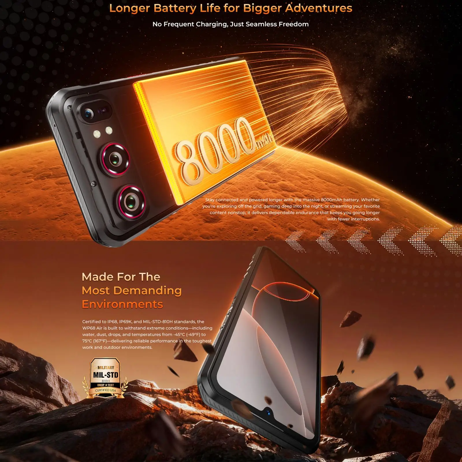 OUKITEL WP68 Air 5G Rugged Smartphone 12GB+512GB 8000mAh Battery 6.88" 120Hz Display Dimensity 7025 Android 16  64MP Smartphone