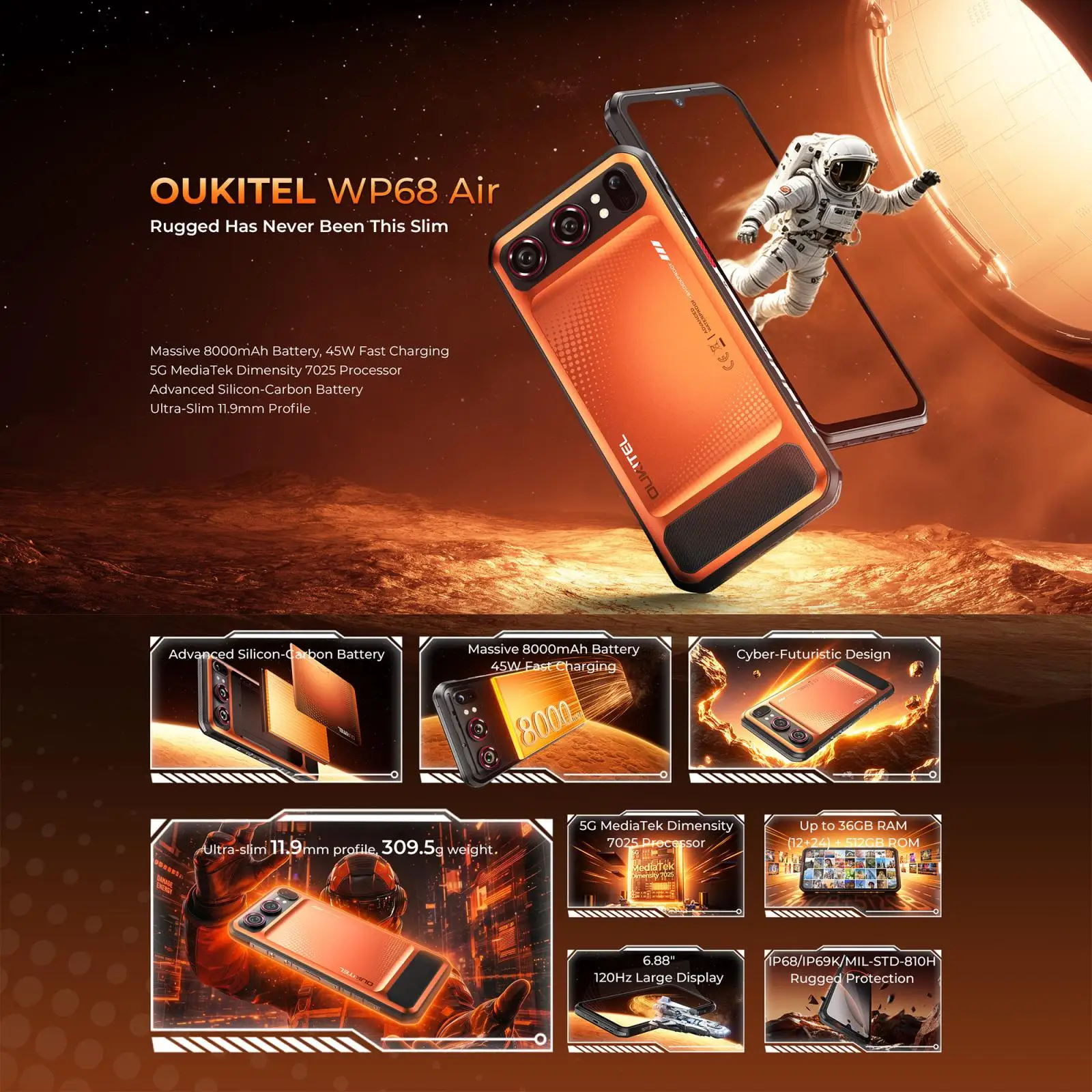 Oukitel WP68 Air Rugged Phone 12GB+512GB Night Vision 6.88" Android 16 MediaTek Dimensity 7025 64MP Camera 8000mAh 5G Smartphone