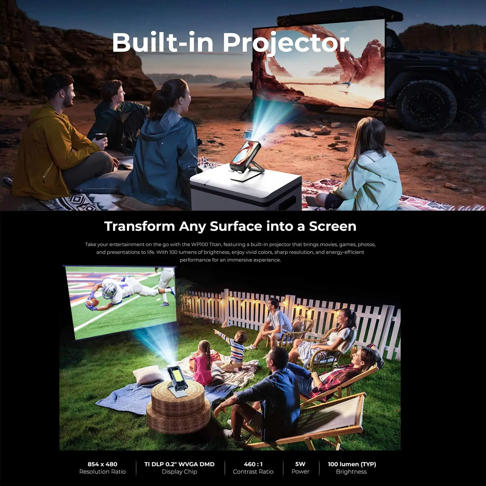OUKITEL WP100 Titan 5G Rugged Phone 36GB(12+24)+512GB 33000mAh 66W 200MP 6.8'' Android 14 Projector Camping Light Smartphone
