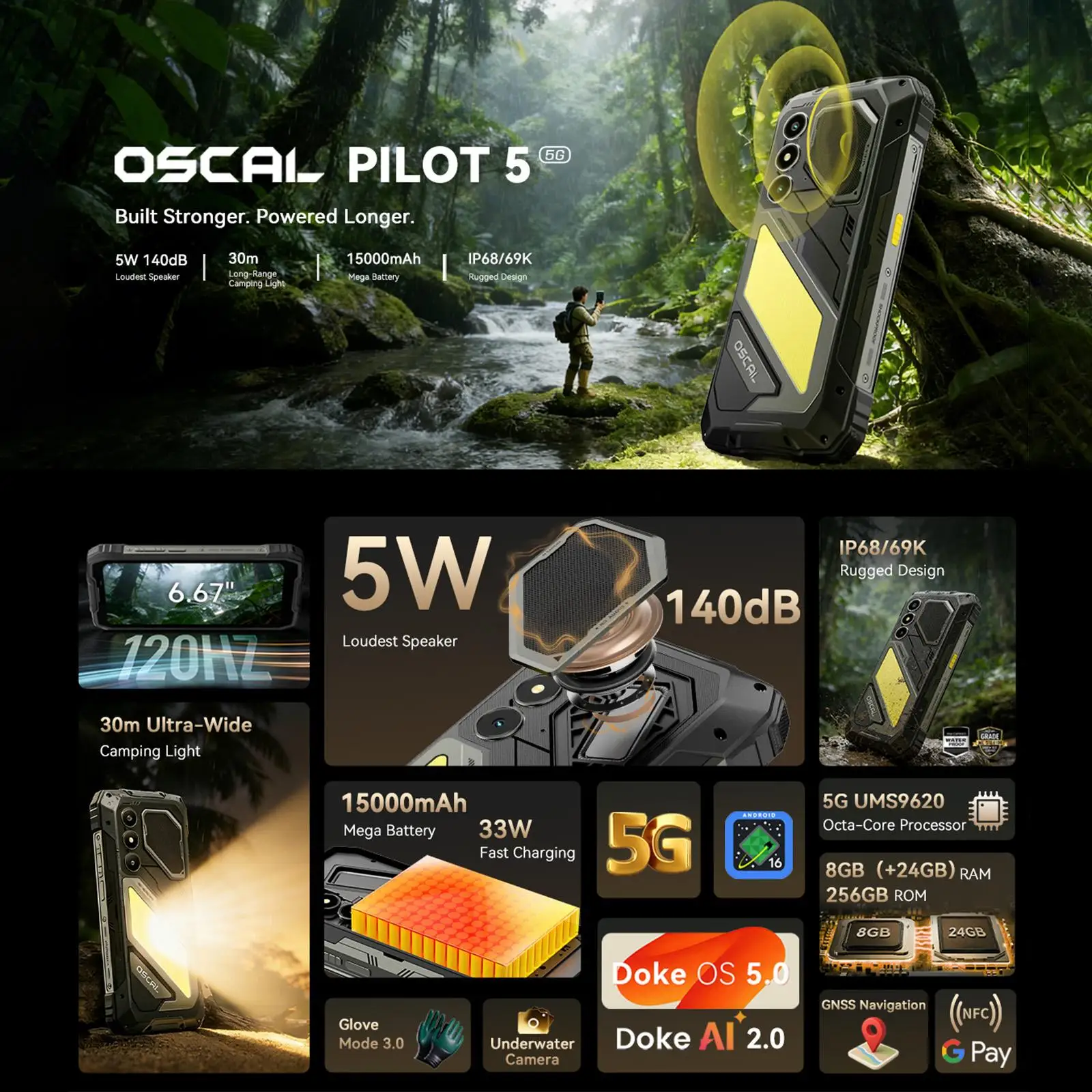 Blackview Oscal Pilot 5 5G Rugged Phone 8GB+256GB 6.67" IPS Display 15000mAh Battery Android 16 UMS9620 T8100 5G NFC Smartphone