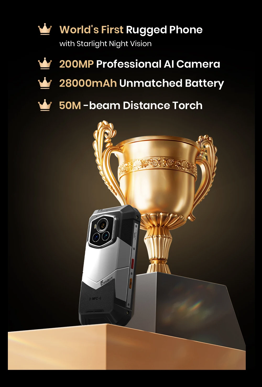 Fossibot [F107 Pro] Android 15 Rugged Mobile Phone 30GB (12+18) 512GB 28000mAh 66W 200MP+32MP NFC/GPS Dual Bright Flashlights