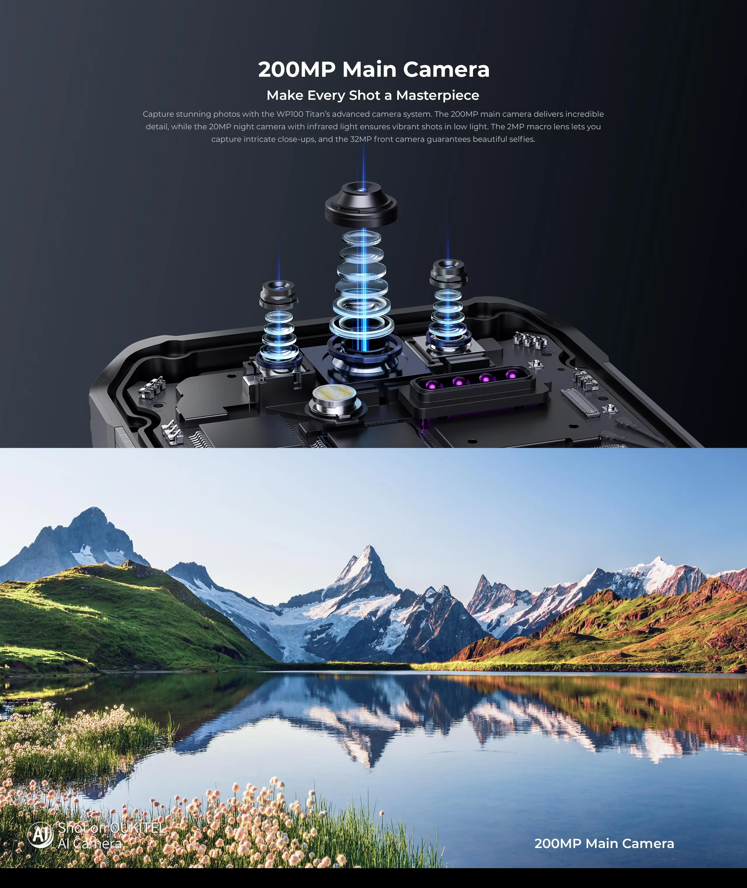 Oukitel WP100 Titan Rugged Phone 33000mAh 66W Charger 200MP Camera Built-in Projector Camping Light CellPhone, NFC 5G Smartphone