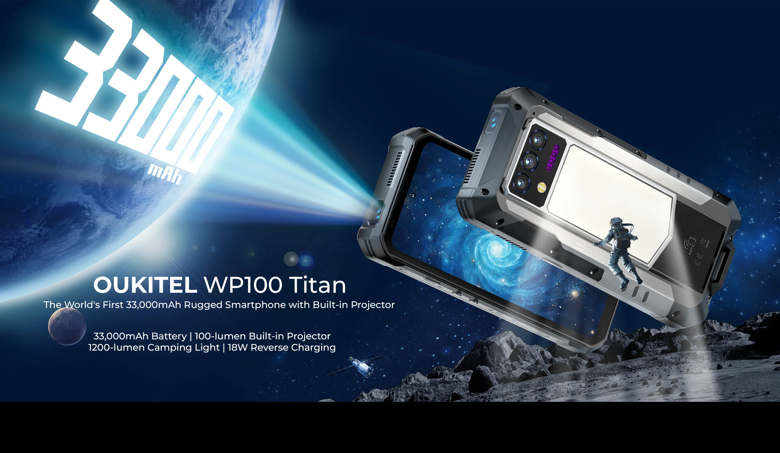 Oukitel WP100 Titan Rugged Phone 33000mAh 66W Charger 200MP Camera Built-in Projector Camping Light CellPhone, NFC 5G Smartphone