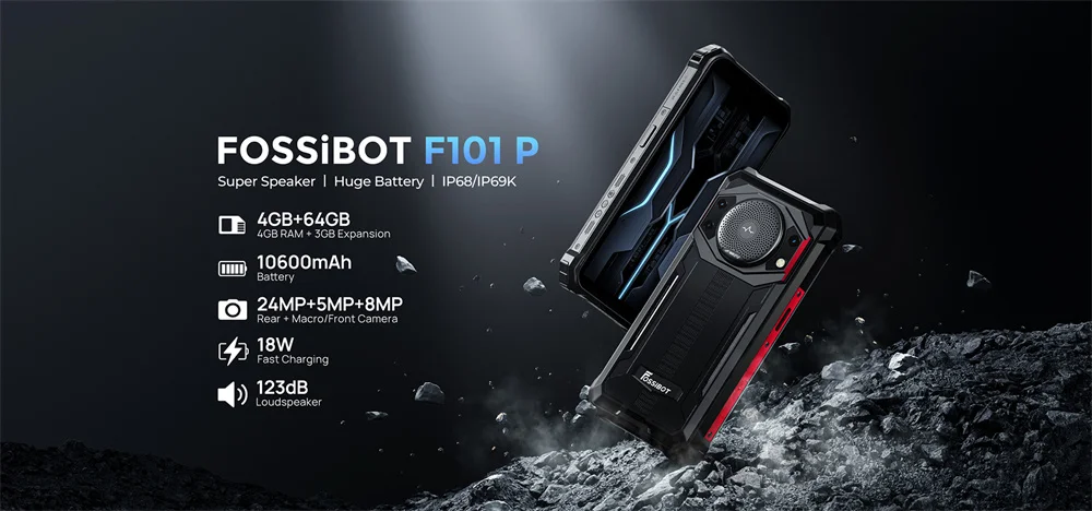 FOSSiBOT F101P,Smartphone,10600mAh Battery,4GB+64GB,24MP, Cell Phone, Large Speaker, IP68/IP69,Waterproof Mobile Phone