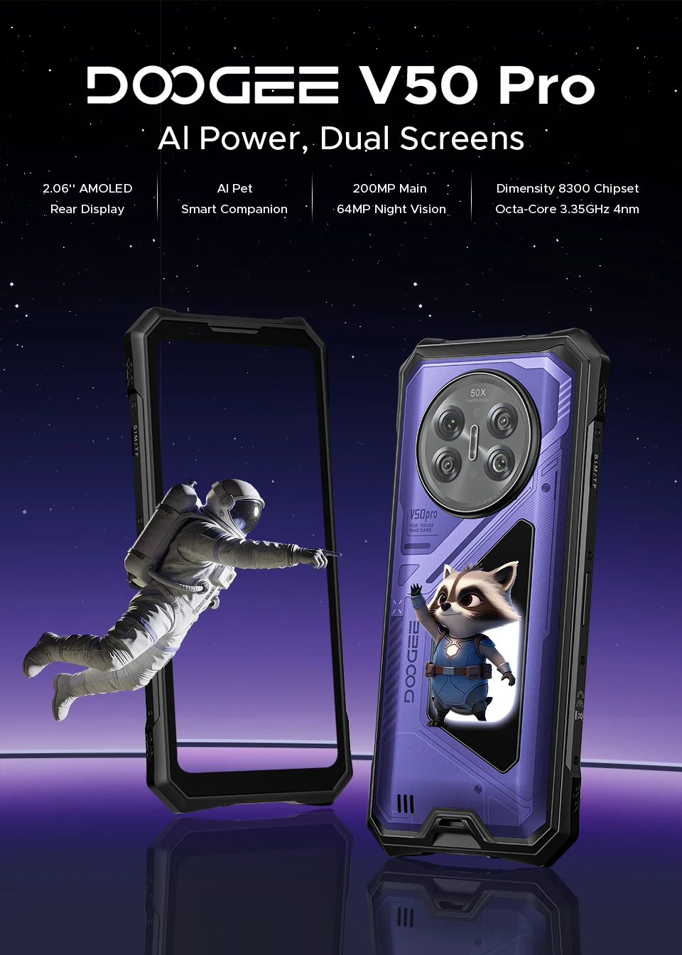 World Premiere DOOGEE V50 Pro Rugged Phone 52GB+1TB AI Pets Dimensity 8300 6.78" FHD+ 11000mAh 66W 200MP Camera Android 16 NFC