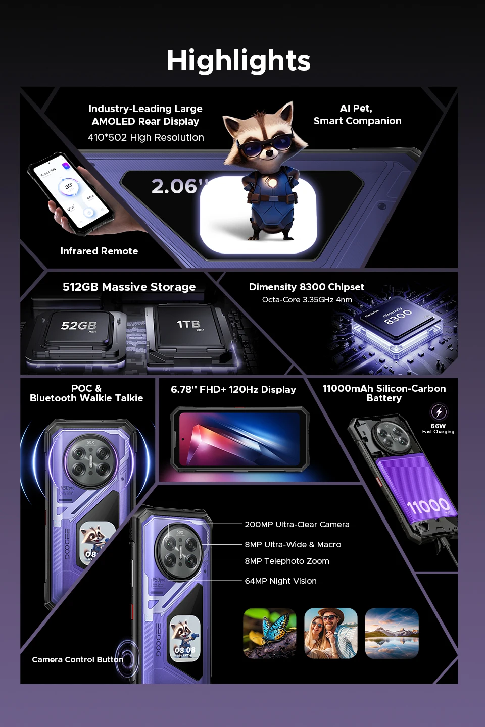 World Premiere DOOGEE V50 Pro Rugged Phone 52GB+1TB AI Pets Dimensity 8300 6.78" FHD+ 11000mAh 66W 200MP Camera Android 16 NFC