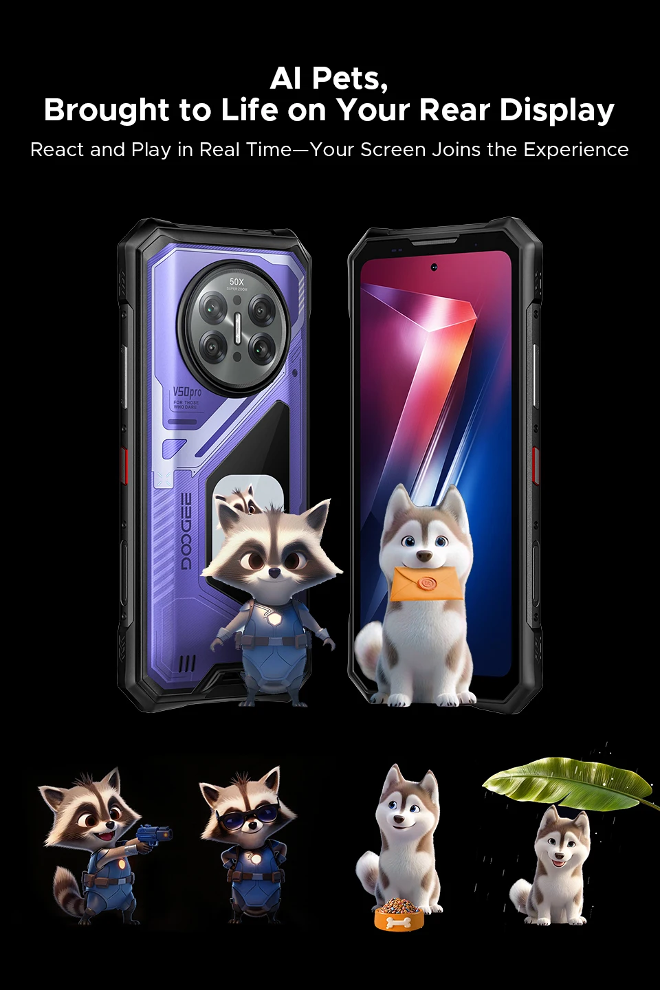 World Premiere DOOGEE V50 Pro Rugged Phone 52GB+1TB AI Pets Dimensity 8300 6.78" FHD+ 11000mAh 66W 200MP Camera Android 16 NFC