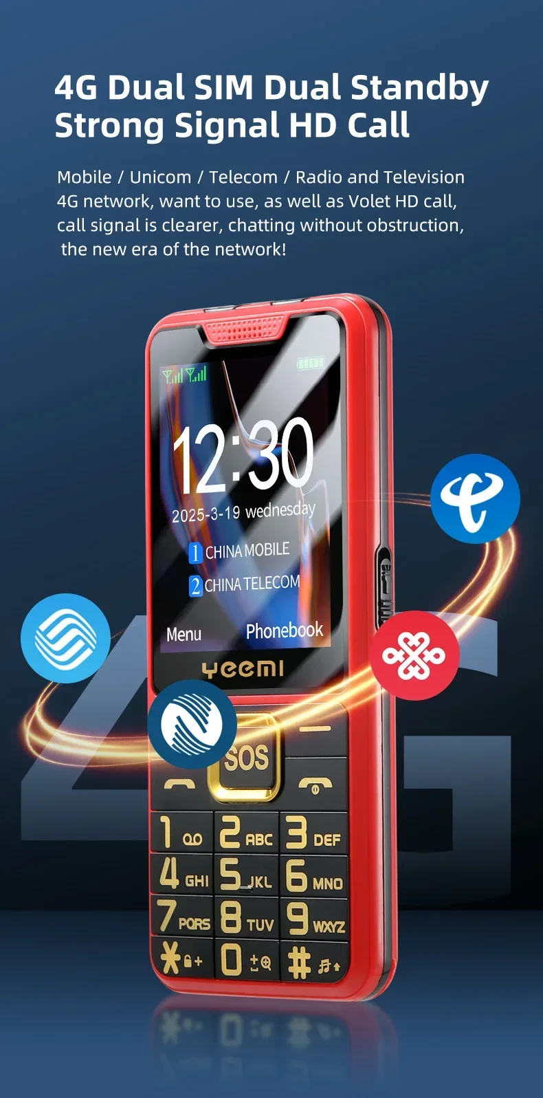 UNIWA YEEMI K3 4G Feature Keypad Phone 2.6Inch Dual SIM Card Long Standby Flashlight Camera FM SOS Big Button Button Phone