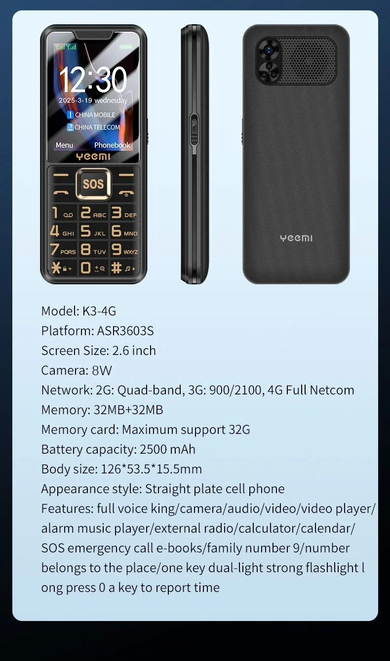 UNIWA YEEMI K3 4G Feature Keypad Phone 2.6Inch Dual SIM Card Long Standby Flashlight Camera FM SOS Big Button Button Phone