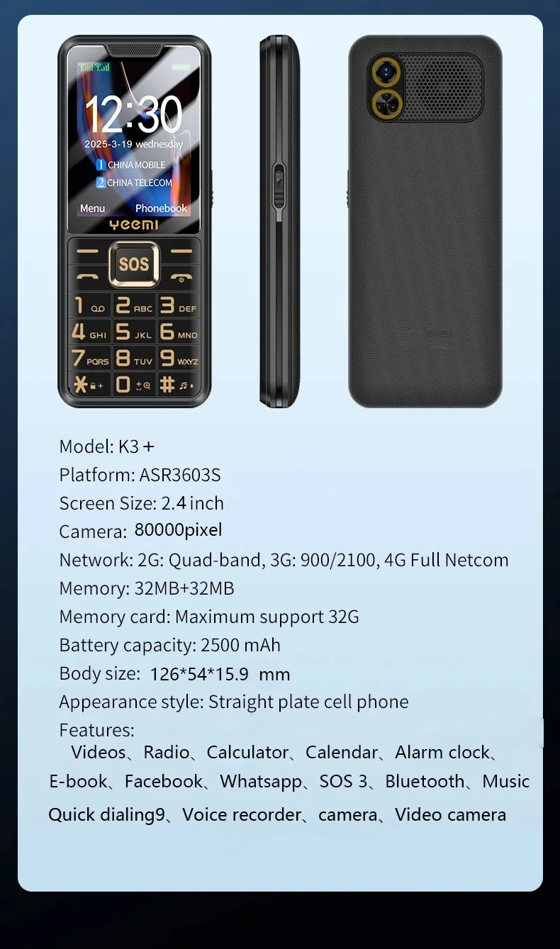 YEEMI K3+ 4G Cellphone 2.4inches Dual SIM Card LTE 2500mAh Bluetooth Camera Mobile Phone Type-C Bar Phone