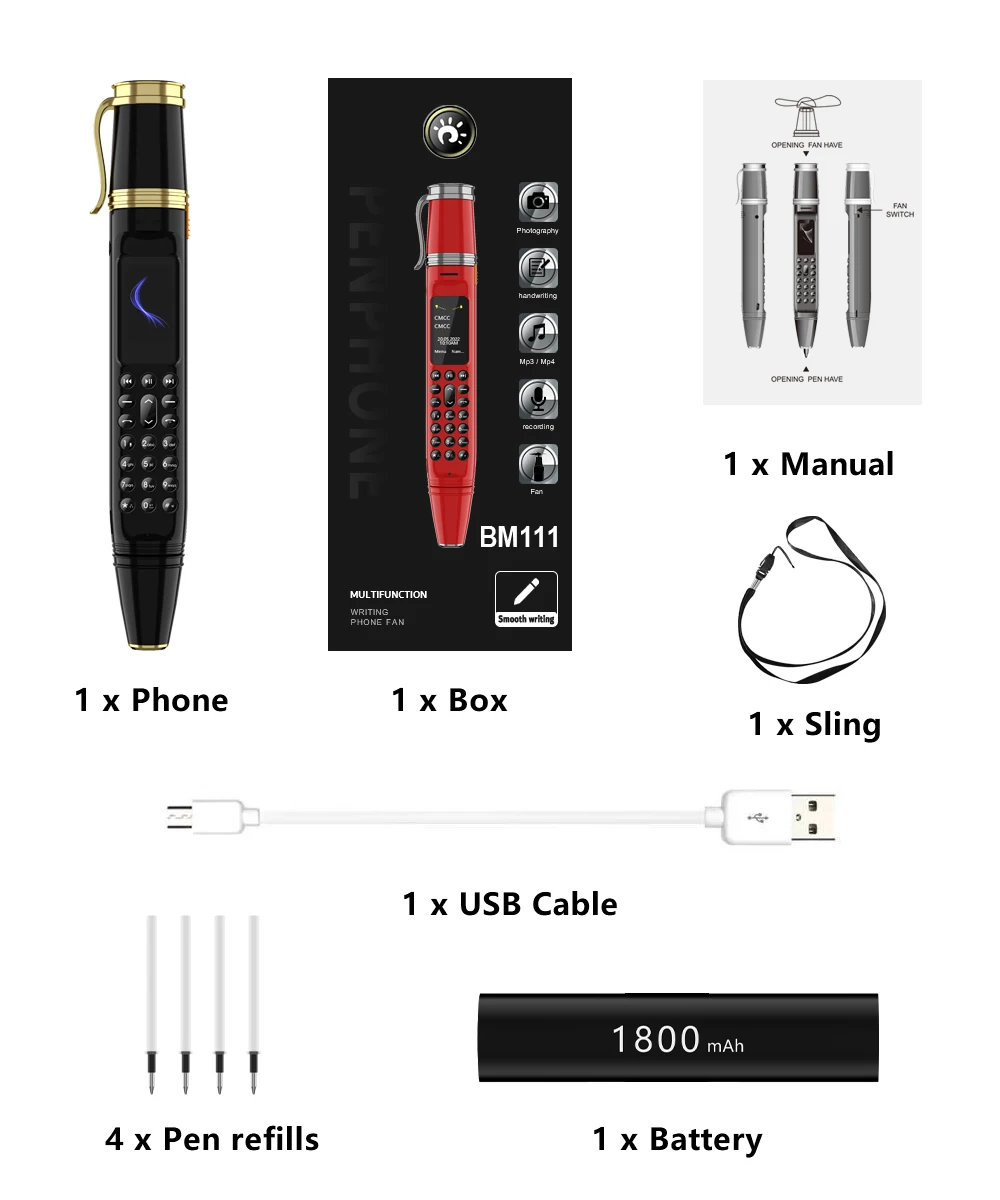 Low Price Sale SERVO BM111 3-in-1 Mobile Phone Pen Phone Portable Fan Magic Voice Bluetooth Dial Small Feature Cellphone FMRadio