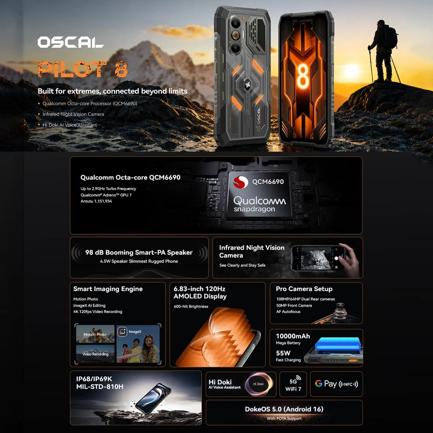 Blackview Oscal Pilot 8 Rugged Phone 12GB+256GB 6.83'' Android 16 Qualcomm QCM6690 Octa Core 108MP Camera 55W 5G Smartphone