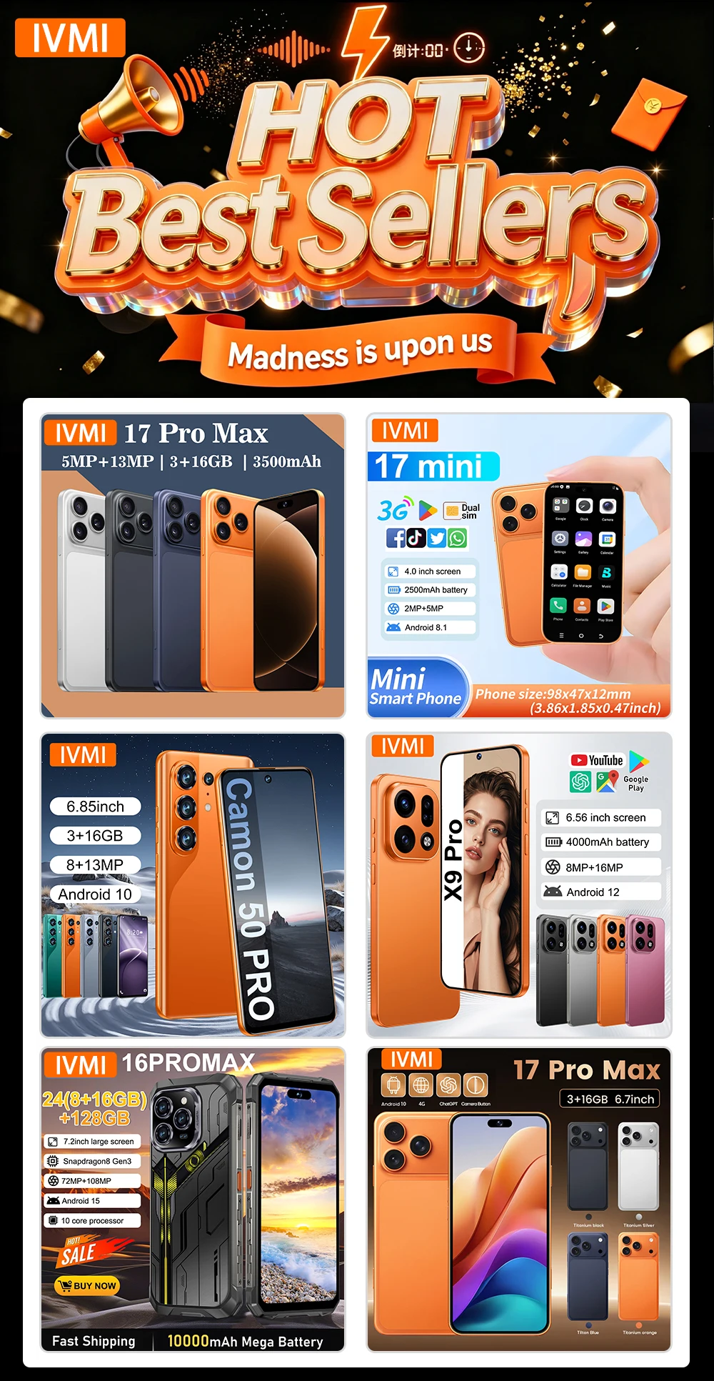 IVMI Global Vision XS26 Ultra Smartphone 4G Network Android 64GB ROM Dual SIM Google Play Store 6.9'' 4500mAh Mobile Phones
