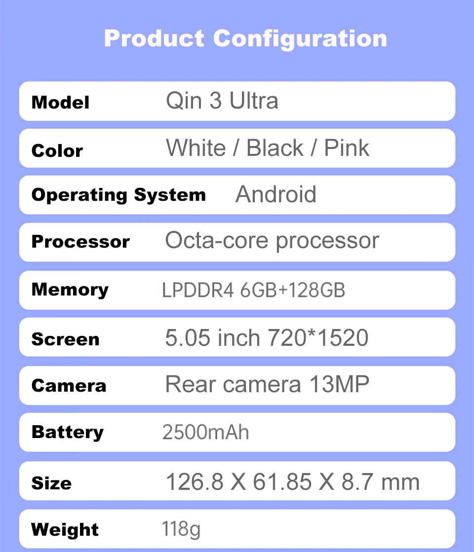 Qin 3 ultra T606 5.05 Inch 6GB 128GB Wifi Bluetooth 5.2 Touch screen 720*1520 Global Version Android Phone