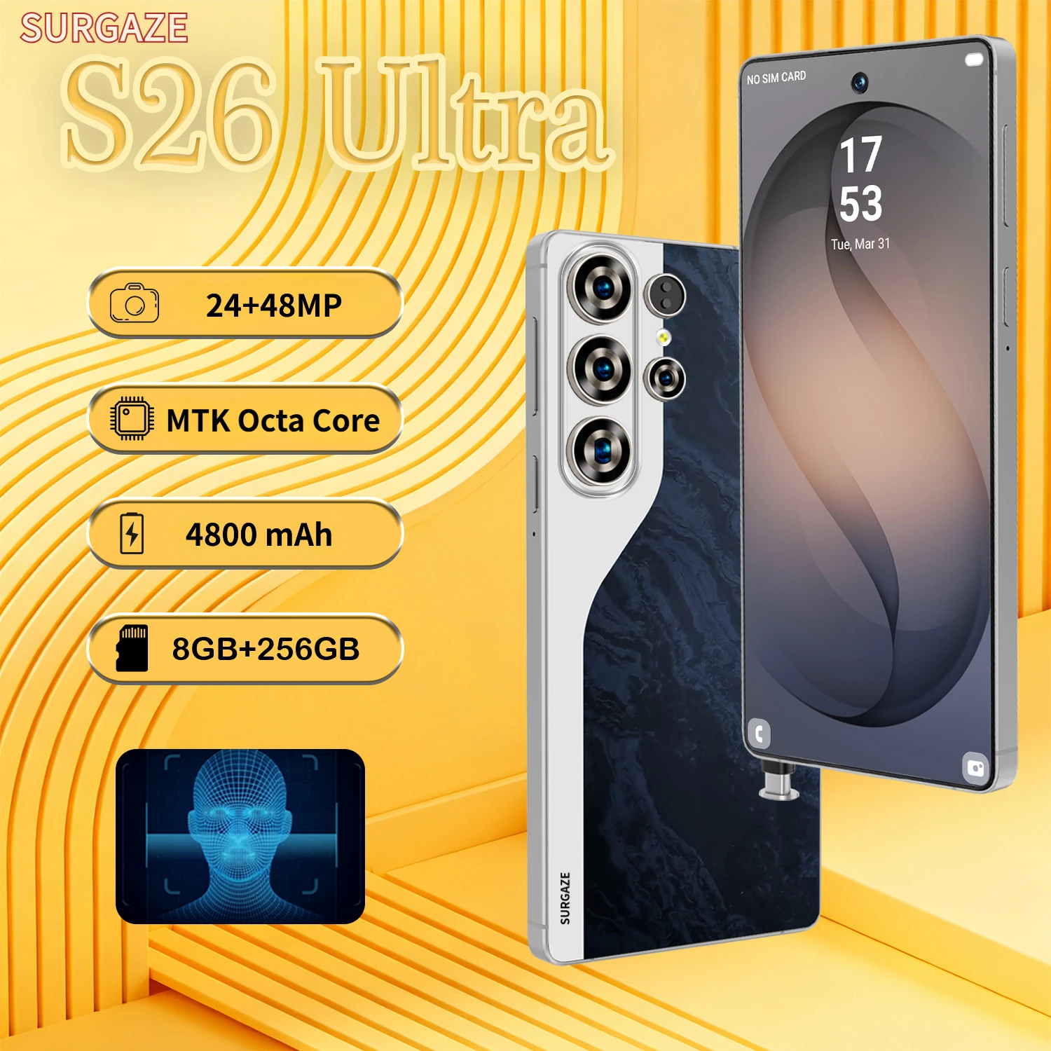 SURGAZE New S26 Ultra Smartphone 5G Android 4800mAh 12GB+512GB 6.6Inch 24+48MP Dual SIM 2026 Global Version Network Mobile Phone