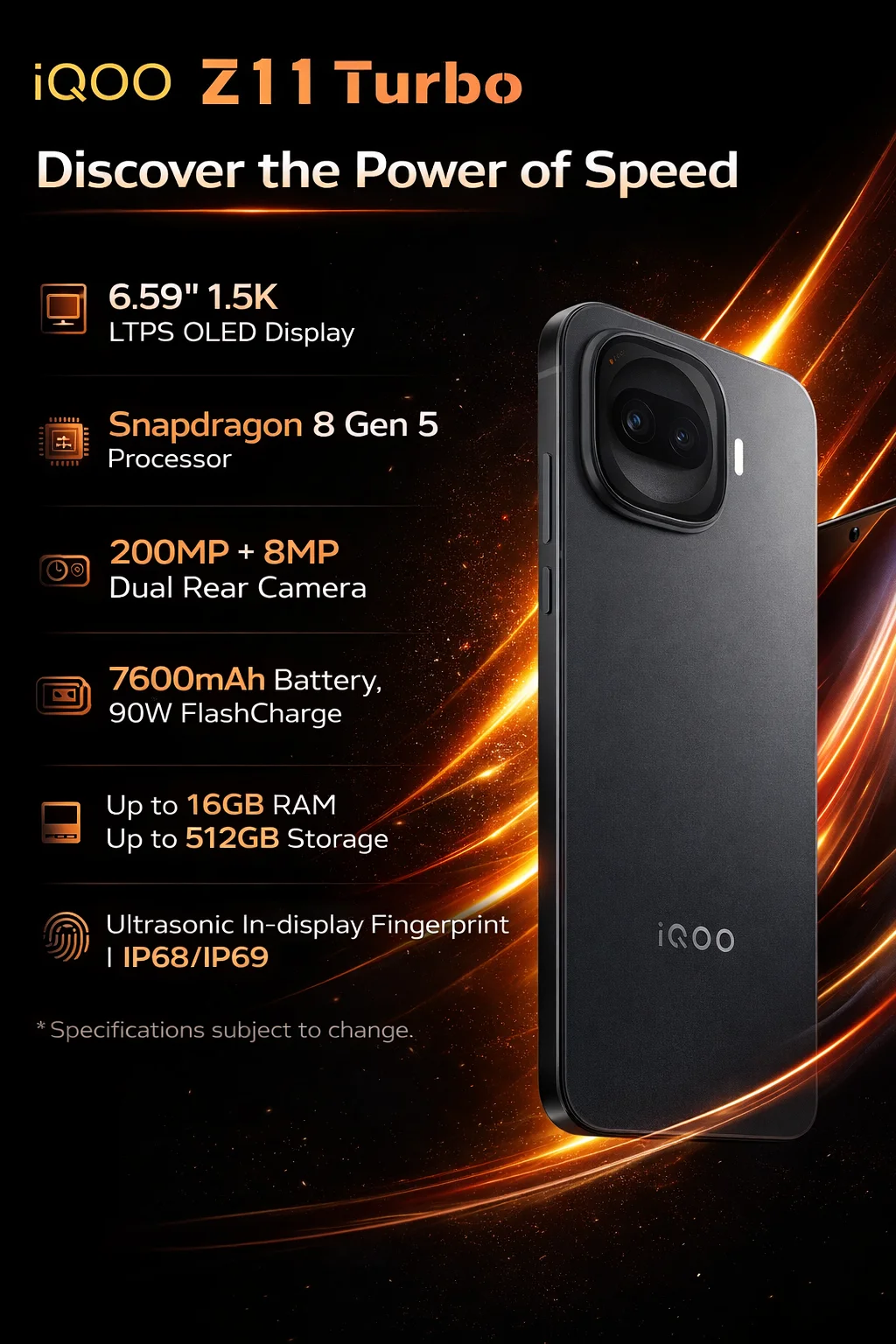 Original ViVO IQOO Z11 Turbo 5G Snapdragon8 Gen5 6.59 AMOLED 144HZ 7600mAh 100W Fast 200MP Main Camera Google Play NFC OriginOS6
