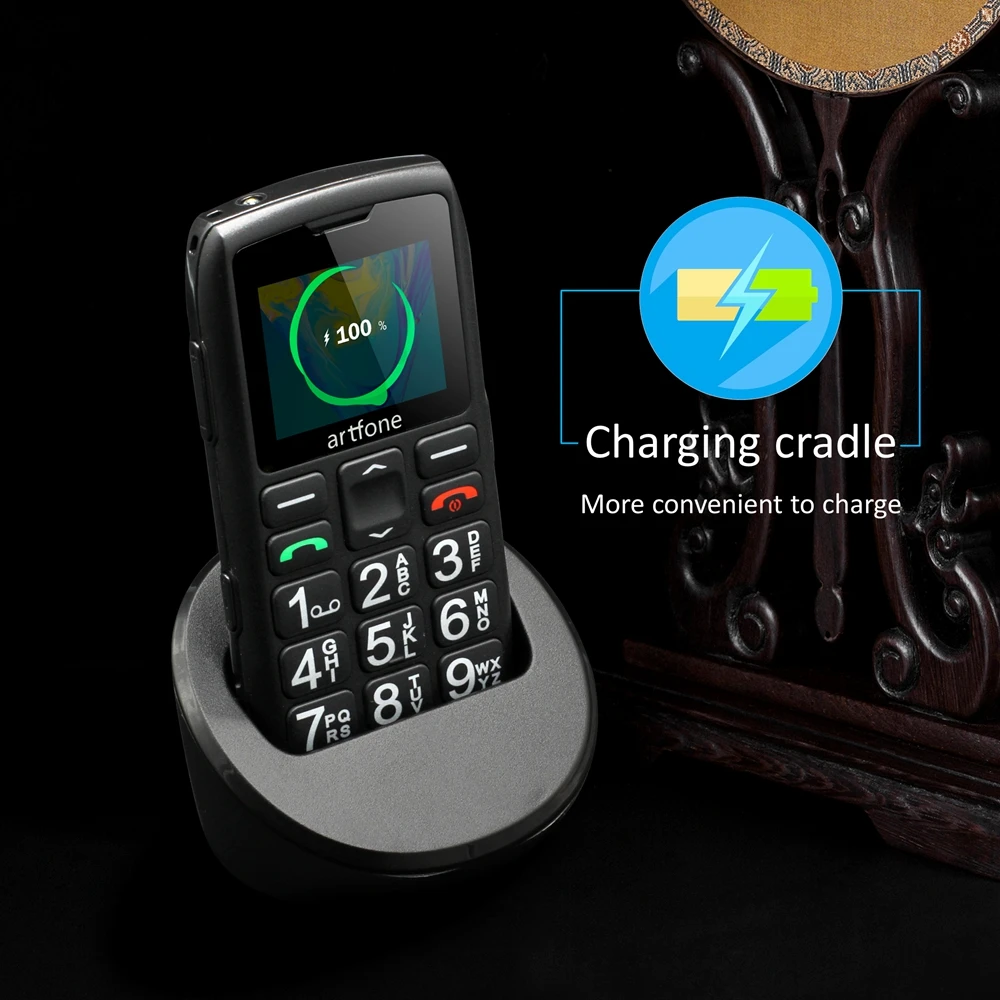 Artfone C1+ Bar Senior Mobile Phone With Free Charging Dock Big Rubber Keypad For Elderly Dual Sim One Key SOS FM 1400mAh