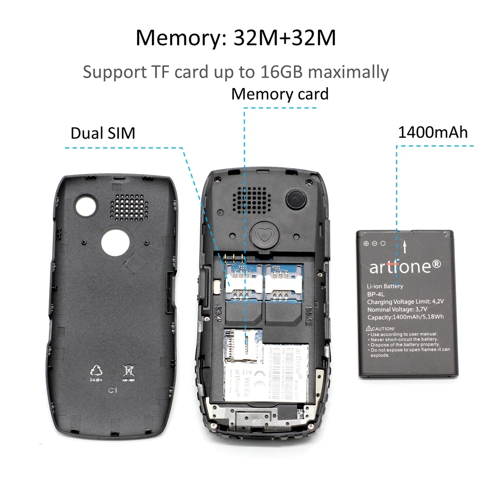 Artfone C1+ Bar Senior Mobile Phone With Free Charging Dock Big Rubber Keypad For Elderly Dual Sim One Key SOS FM 1400mAh