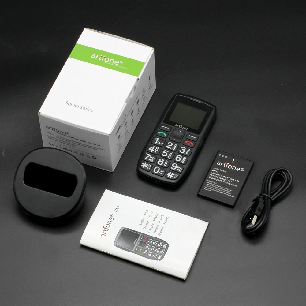 Artfone C1+ Bar Senior Mobile Phone With Free Charging Dock Big Rubber Keypad For Elderly Dual Sim One Key SOS FM 1400mAh