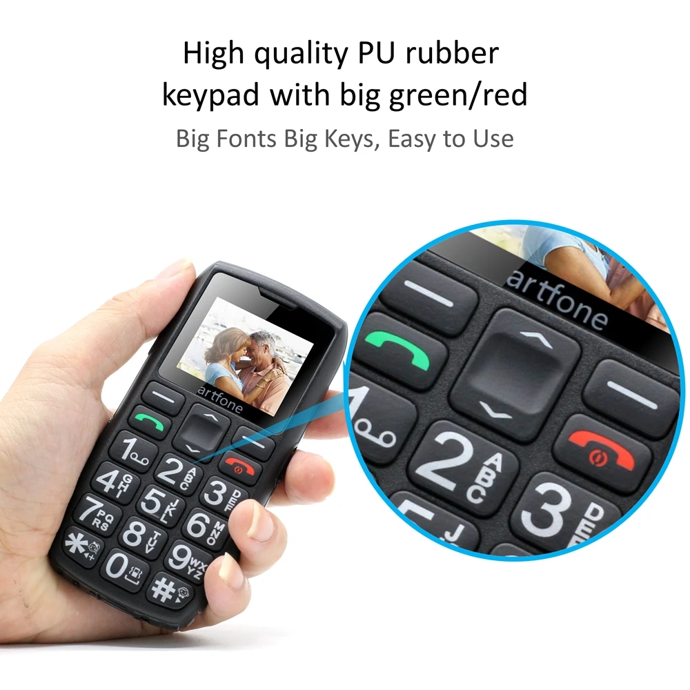 Artfone C1+ Bar Senior Mobile Phone With Free Charging Dock Big Rubber Keypad For Elderly Dual Sim One Key SOS FM 1400mAh