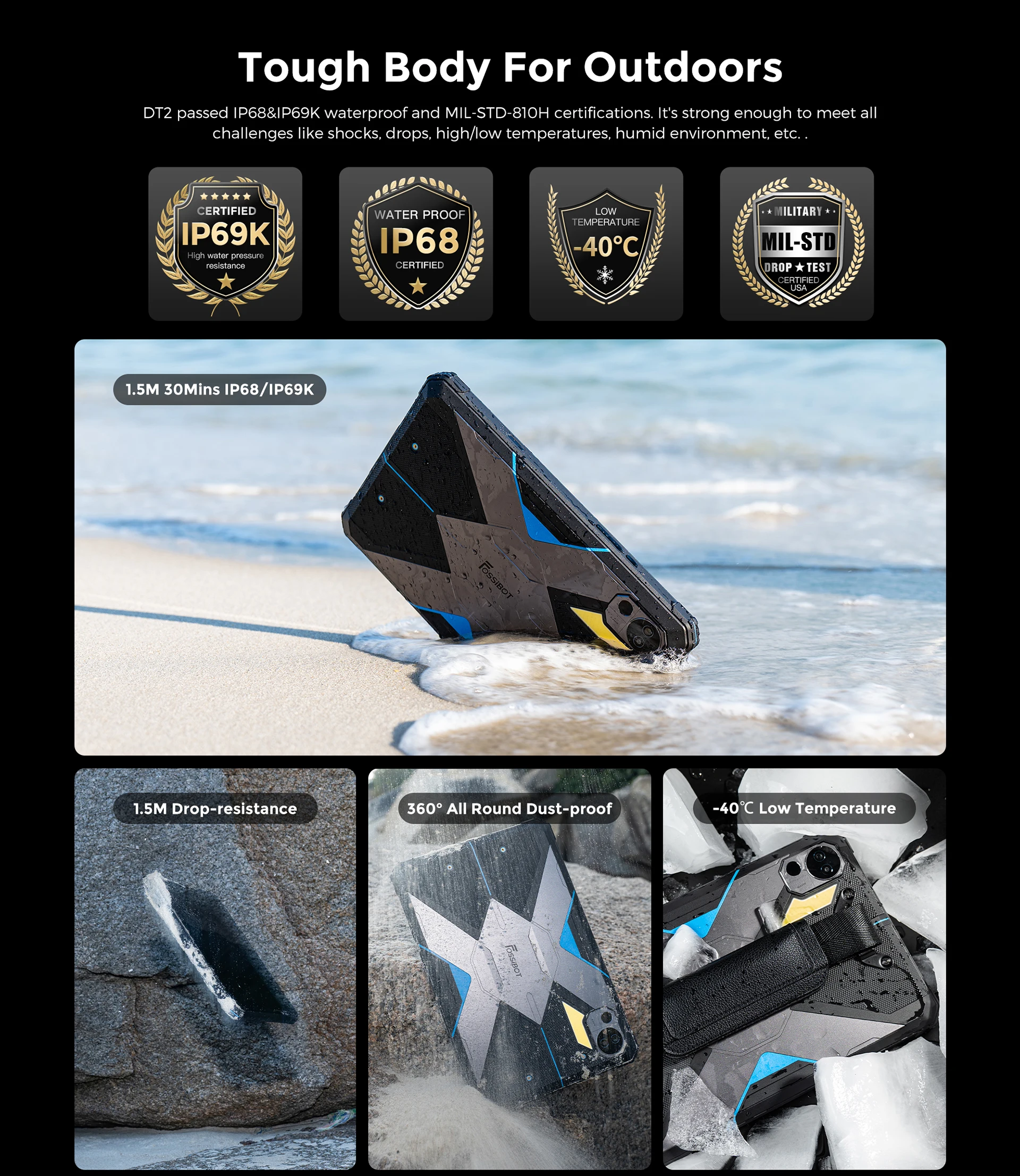 FOSSiBOT DT2 Rugged Tablet 20GB+256GB Helio G99 10.4 inch 2K Display 64MP PC Tablets 22000mAh 66W IP68 4G LTE Android 13 Pad