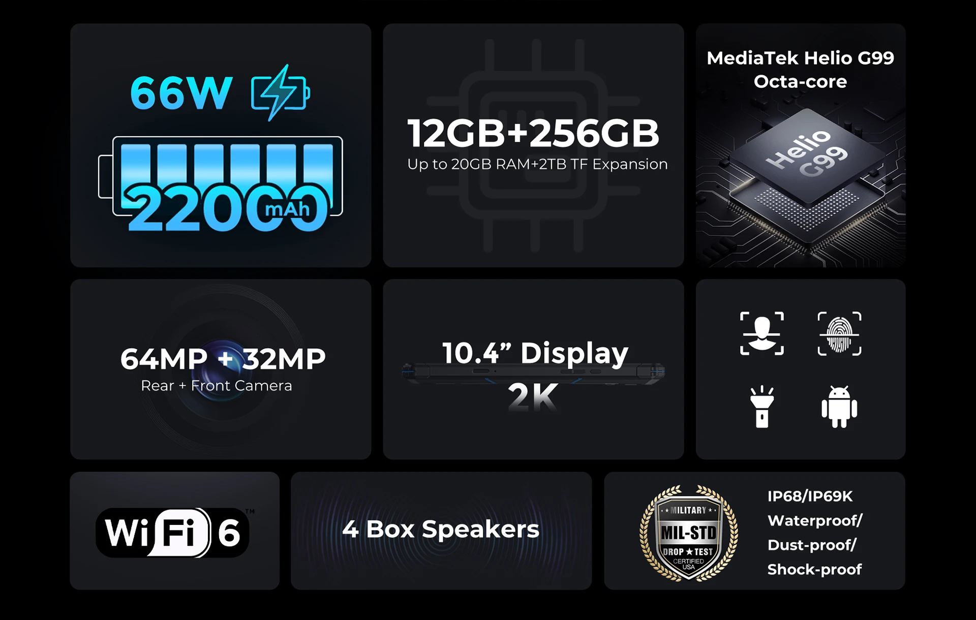 FOSSiBOT DT2 Rugged Tablet 20GB+256GB Helio G99 10.4 inch 2K Display 64MP PC Tablets 22000mAh 66W IP68 4G LTE Android 13 Pad