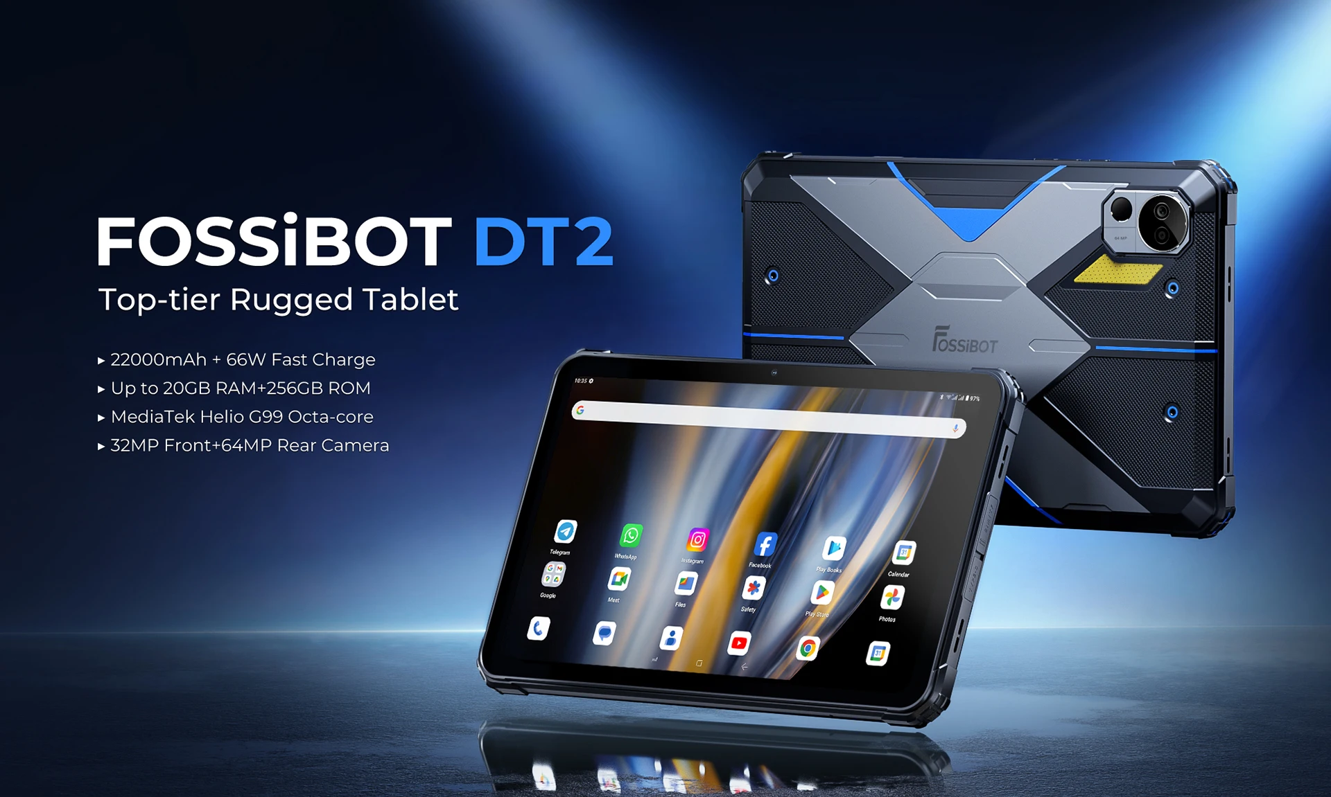 FOSSiBOT DT2 Rugged Tablet 20GB+256GB Helio G99 10.4 inch 2K Display 64MP PC Tablets 22000mAh 66W IP68 4G LTE Android 13 Pad
