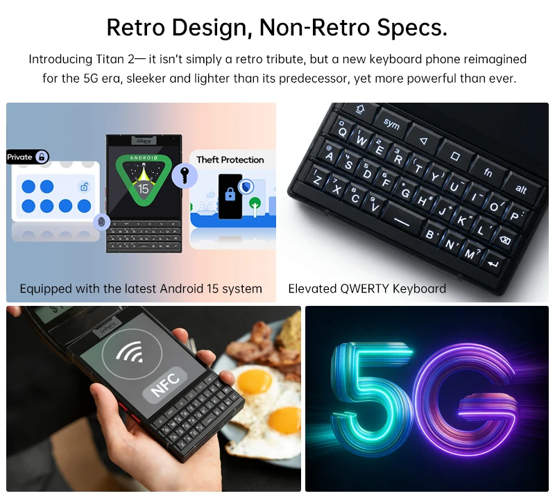 Unihertz Titan 2 QWERTY Physical Keyboard Phone 12GB+512GB Fingerprint 4.5 inch + 2 inch Android 15 Dimensity 7300 5G NFC Phone
